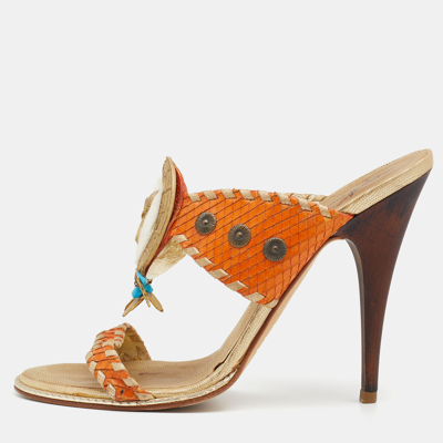 Pre-owned Giuseppe Zanotti Orange/gold Python Embossed Leather Slides Sandals 37