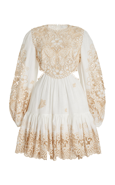 Shop Zimmermann Women's Embroidered Cutout Linen Mini Dress In Ivory