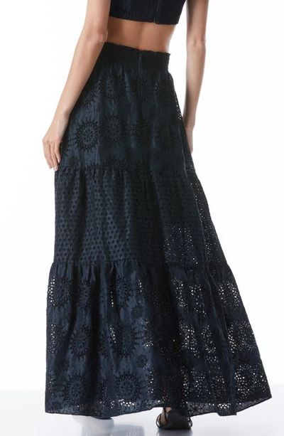 Shop Alice And Olivia Reise Embroidered Cotton & Linen Tiered Maxi Skirt In Black