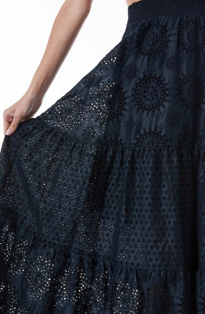 Shop Alice And Olivia Reise Embroidered Cotton & Linen Tiered Maxi Skirt In Black