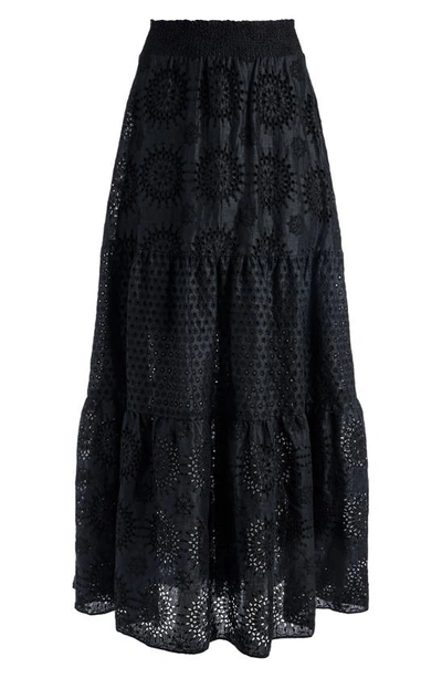 Shop Alice And Olivia Reise Embroidered Cotton & Linen Tiered Maxi Skirt In Black