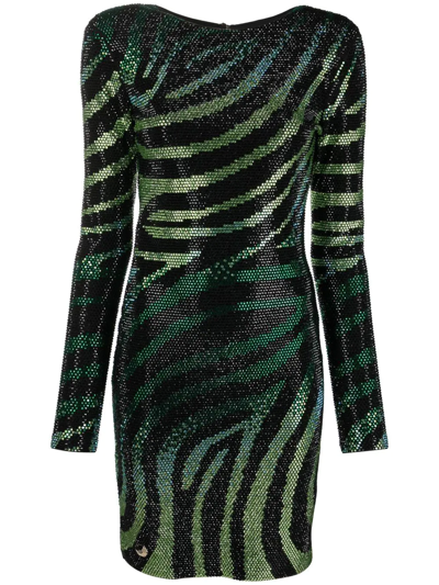 Shop Philipp Plein Crystal-embellished Zebra-print Dress In Black