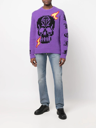 Shop Philipp Plein Skull Logo Embroidered Jumper In Purple