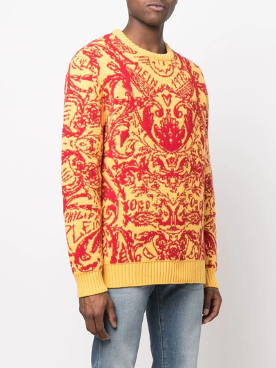 Shop Philipp Plein Intarsia-knit Design Jumper In Yellow