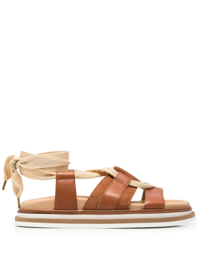 Shop Hogan Strappy Leather Sandals In Brown