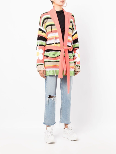 Shop Gcds Mixed-knit Belted Cardigan In Multicolour