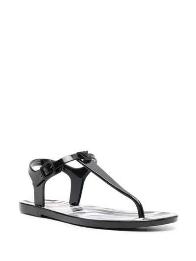 Shop Ea7 High-shine Thong-strap Sandals In Black