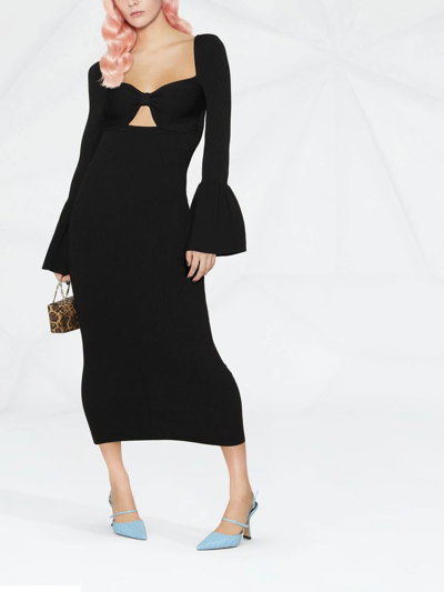 Shop Self-portrait Ribbed-knit Bow Midi Dress In Black