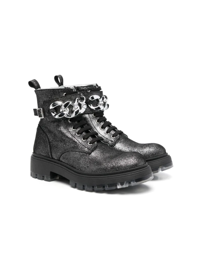Shop Monnalisa Teen Chain-embellished Glitter Boots In Black