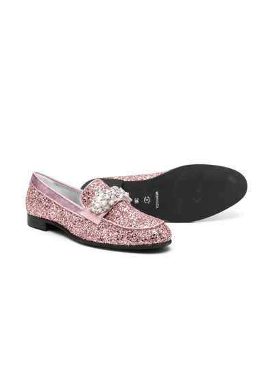 Shop Monnalisa Teen Glitter Crystal-embellished Loafers In Pink