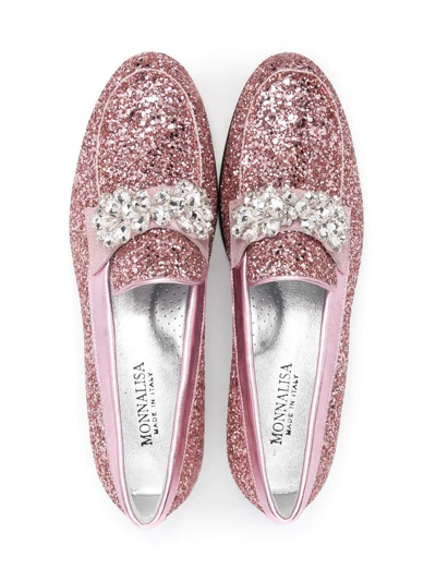 Shop Monnalisa Teen Glitter Crystal-embellished Loafers In Pink