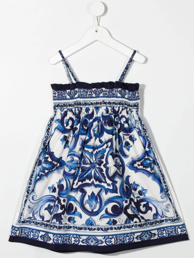 Dolce & Gabbana Kids Blue Majolica Print Trapeze Dress In White
