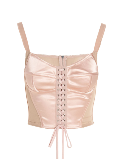 Dolce & Gabbana Lace-up Satin And Mesh Bustier Top In Pink | ModeSens