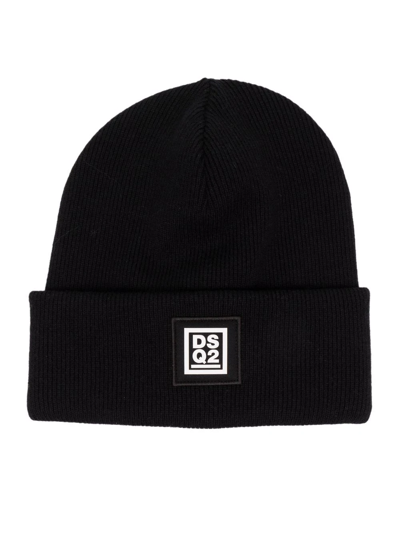 Dsquared2 Wool Beanie With Rubber Logo In Black
