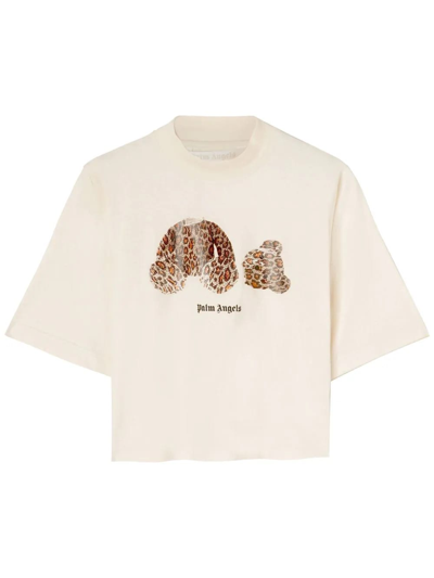Shop Palm Angels Woman Short White T-shirt With Leopard Bear