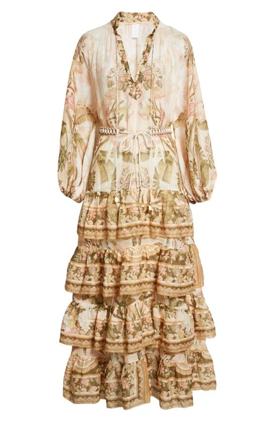 Shop Zimmermann Floral Print Long Sleeve Tiered Maxi Dress In Spliced