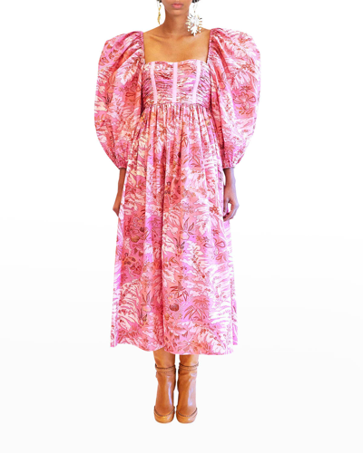 Shop Ulla Johnson Leilani Balloon-sleeve Floral Midi Dress In Camellia