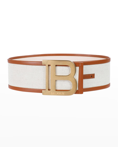 Shop Balmain B Logo Canvas & Leather Buckle Belt In Naturel Marron