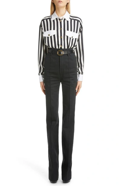 Shop Saint Laurent Stripe Silk Twill Shirt In Noir Craie