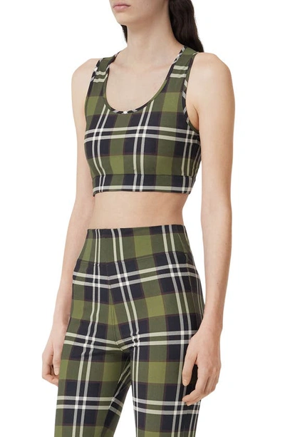 Shop Burberry Immy Check Jersey Crop Top In Dark Olive Green Chk