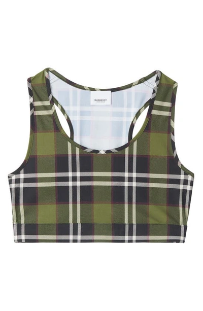 Shop Burberry Immy Check Jersey Crop Top In Dark Olive Green Chk