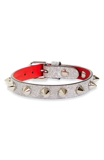 Shop Christian Louboutin Loubilink Studded Glitter Leather Bracelet In Silver/ Silver