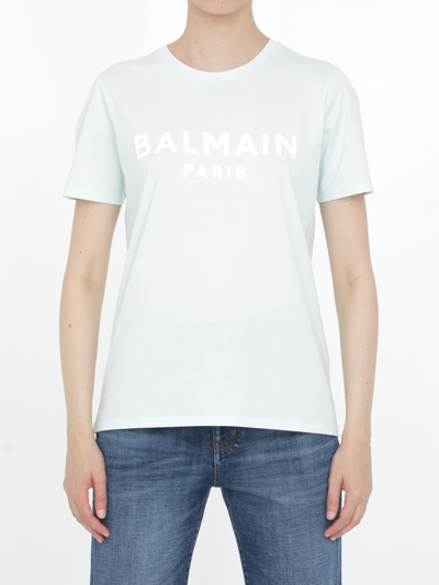 Shop Balmain Light-blue T-shirt With White Logo