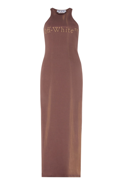 Shop Off-white Ribbed Cotton Long Dress In Brown