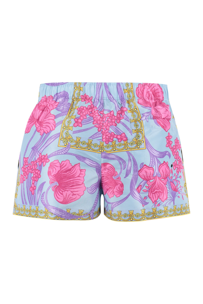 Shop Versace Printed Swim Shorts In Blue