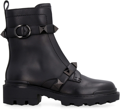 Shop Valentino Garavani - Roman Stud Leather Ankle Boots In Black