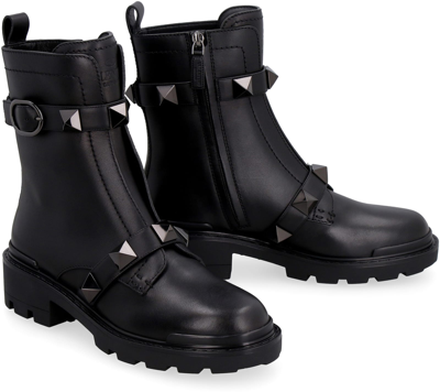Shop Valentino Garavani - Roman Stud Leather Ankle Boots In Black