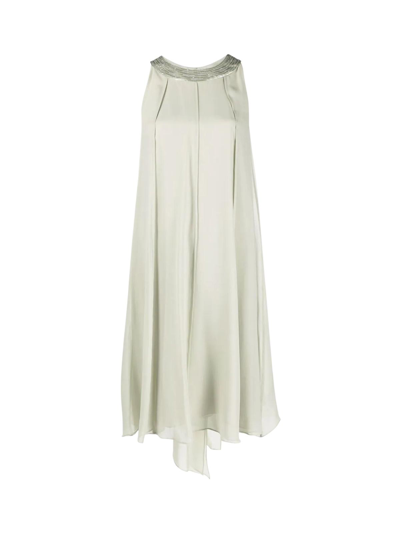 Shop Antonelli Silk S/s Long Dress With Pailletts On Neck In Military Green