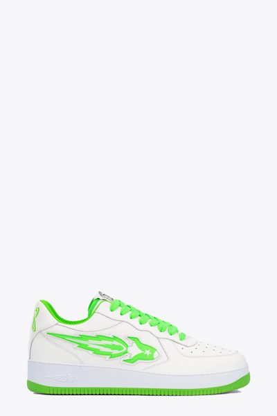 Shop Enterprise Japan Low Sneaker White Leather Low Sneakers With Green Rocket In Bianco/verde Fluo