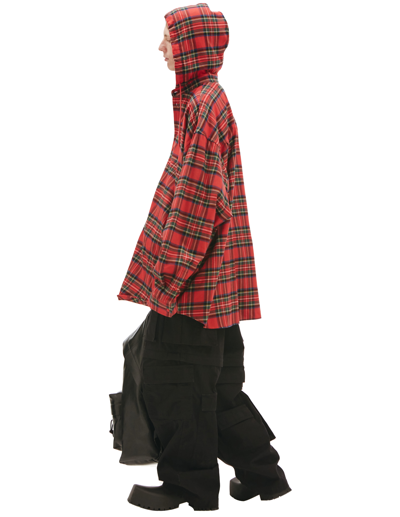 Balenciaga Plaid Hooded Flannel Button-up Shirt In Red