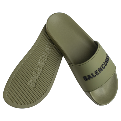 Shop Balenciaga Logo Pool Slides In Khaki