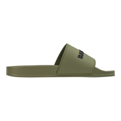 Shop Balenciaga Logo Pool Slides In Khaki