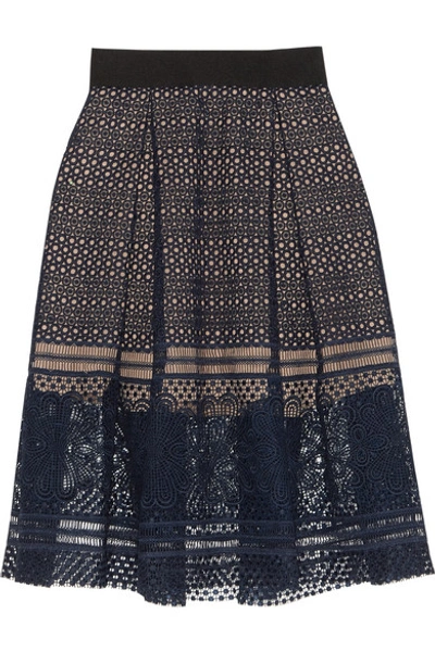 Self-portrait Sofia Pleated Guipure Lace Skirt In Navy Balck