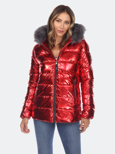 Shop White Mark Metallic Puffer Coat With Hoodie In Red