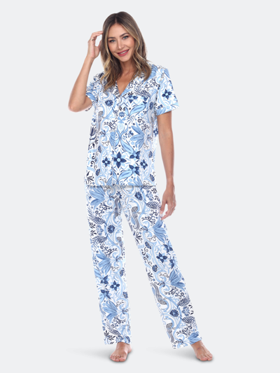 Shop White Mark Short Sleeve & Pants Tropical Pajama Set In Blue