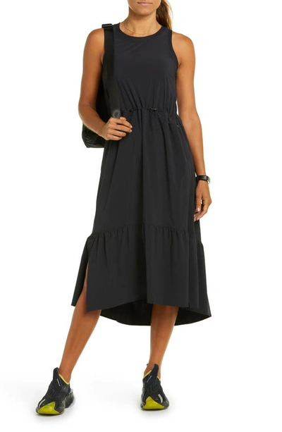 Shop Zella Drawcord Waist Tiered Midi Dress In Black