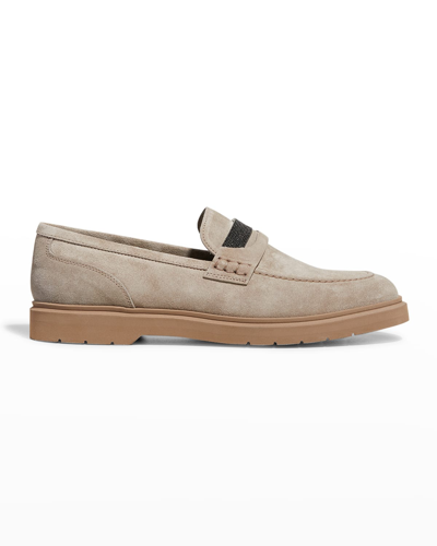 Shop Brunello Cucinelli Suede Monili Sporty Loafers In Taupe