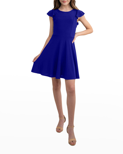 Shop Un Deux Trois Girl's Flutter Short-sleeve Dress In Cobalt