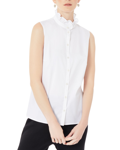Shop Misook Ruffle-neck Stretch Cotton Blouse In White 1