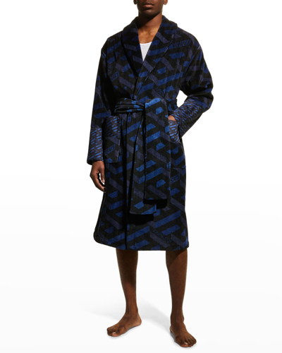 Shop Versace Men's Greca Cotton Robe In Blue