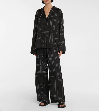 Totême Toteme Monogram Silk Twill Pajama Shirt In Black Monogram