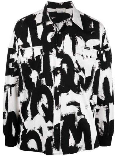 Shop Alexander Mcqueen Denim `graffiti` Overshirt In Bianco