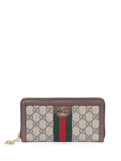 Shop Gucci `ophidia Gg` Zip Around Wallet In Marrone