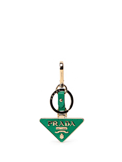 Shop Prada Saffiano Leather And Metal Keychain In Verde