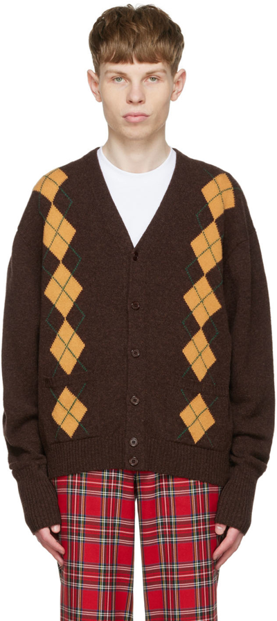 Shop Manors Golf Brown Lambswool Cardigan In Brown/gold