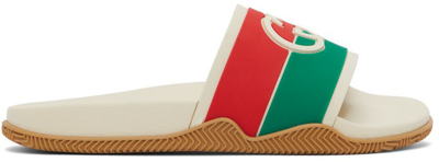Shop Gucci Off-white Interlocking G Flat Sandals In 9136 My.whi-red-gre-